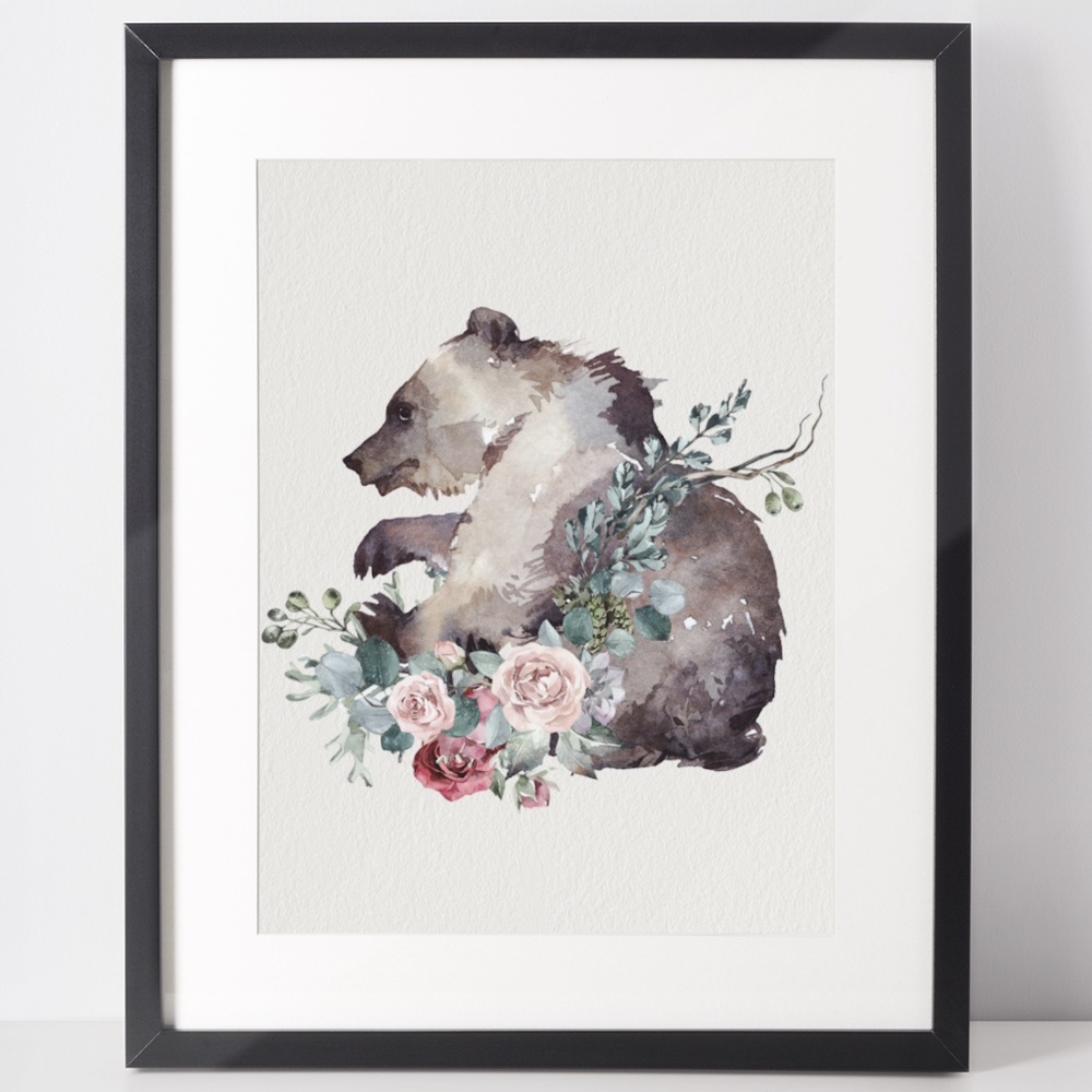 Watercolor Floral Bear Wall Art Print Poster Unframed - Picture 3 of 17
